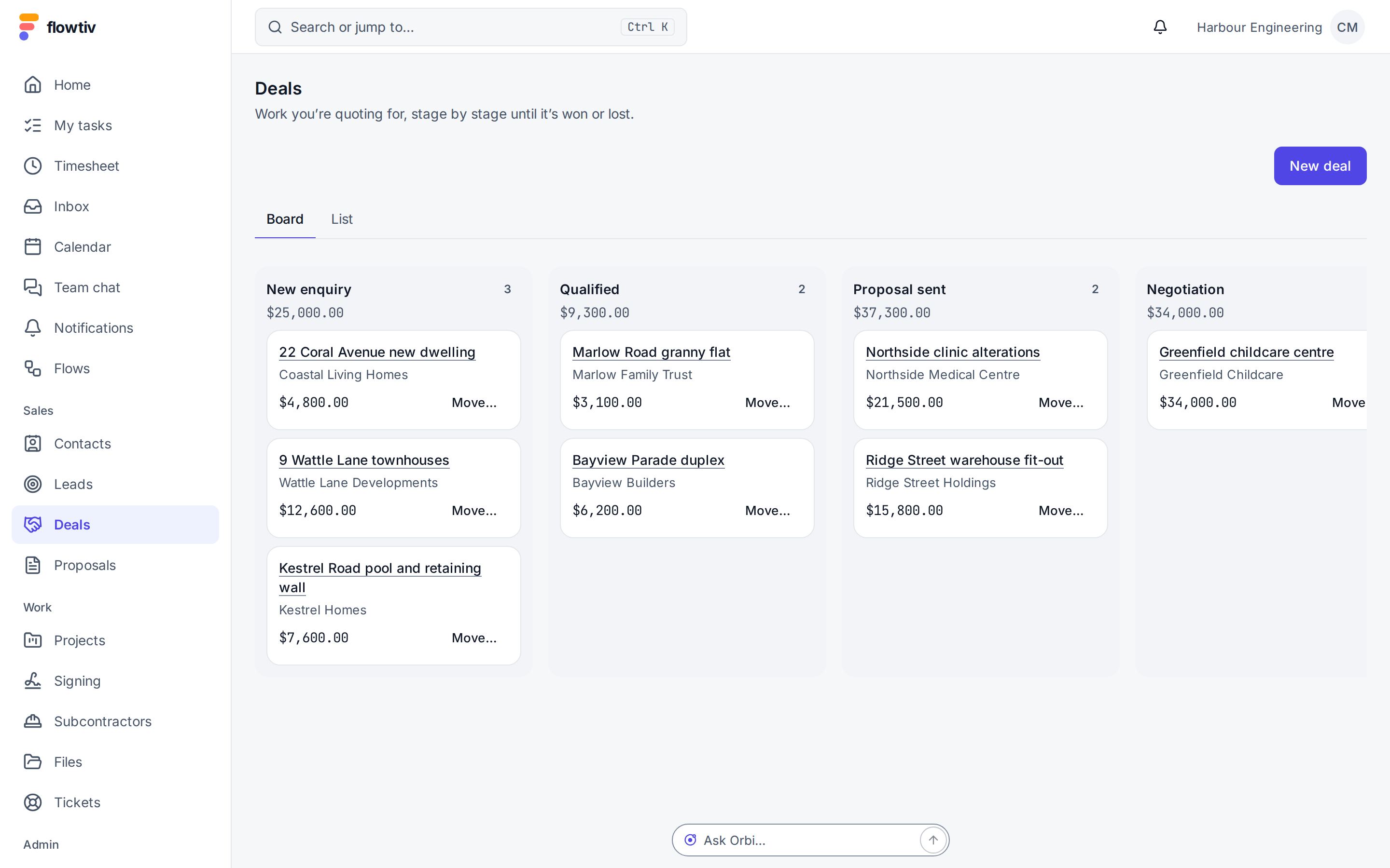 Flowtiv’s deals board for a made-up engineering firm