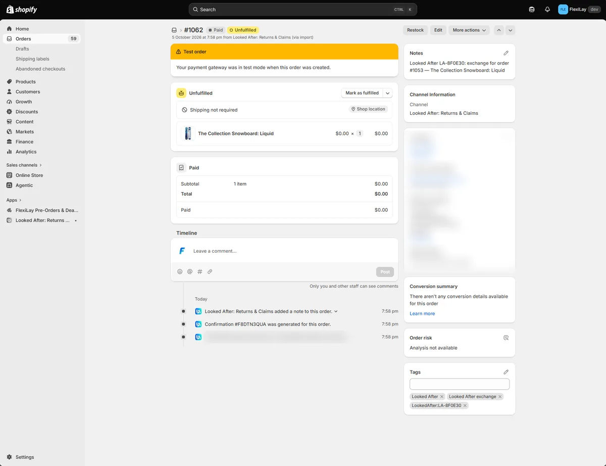 A $0 replacement order in Shopify tagged with the Looked After case reference