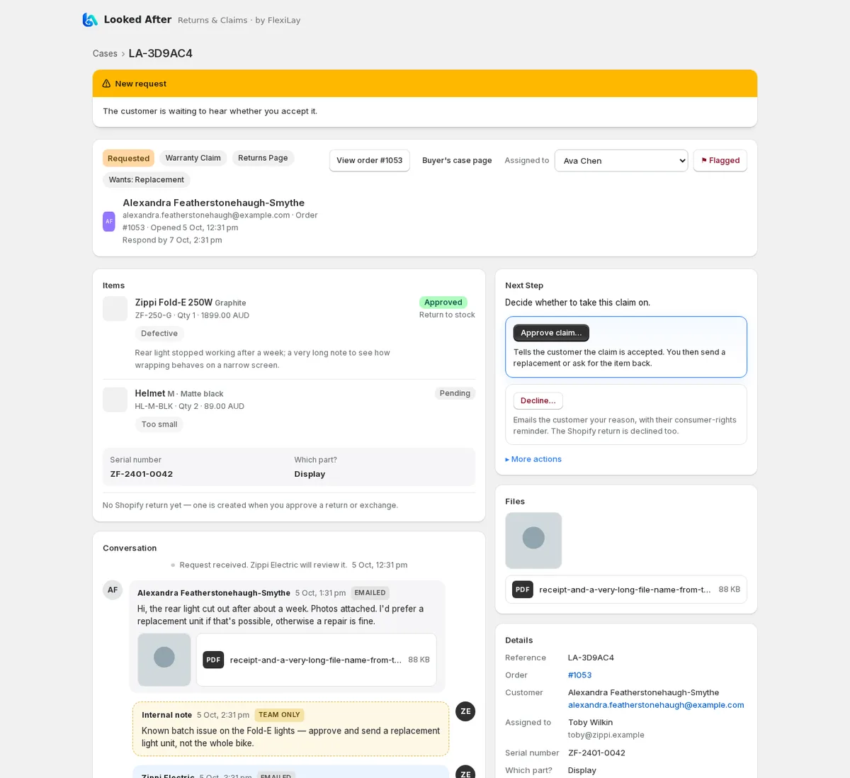 A Looked After case: items, answers, conversation and the Next Step card