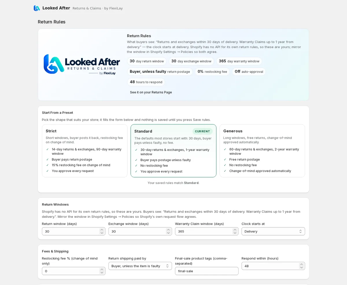 Rules: Strict, Standard and Generous presets with windows, postage, fees and automatic approval