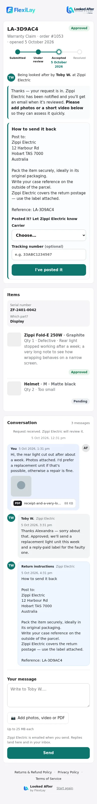 The customer's case page with progress, handler and conversation