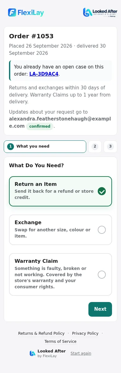 Returns Page step one: Return an Item, Exchange or Warranty Claim