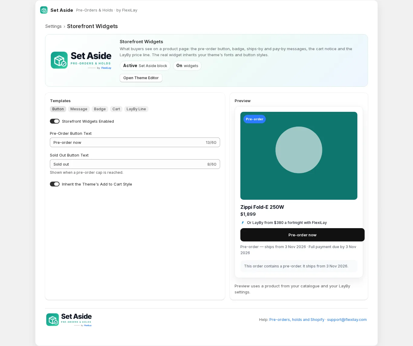 Storefront Widgets in Set Aside: template tabs and a live preview built from one of the store's own products